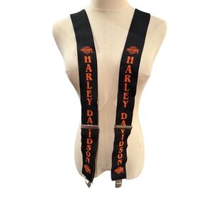 Harley Davidson Mens Suspenders Black Orange Logo Adjustable Elastic Clip-On Vtg